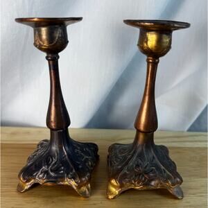 Pair of Vintage Art Nouveau Gold Gilded Gilt Metal Candlesticks Candle Holders